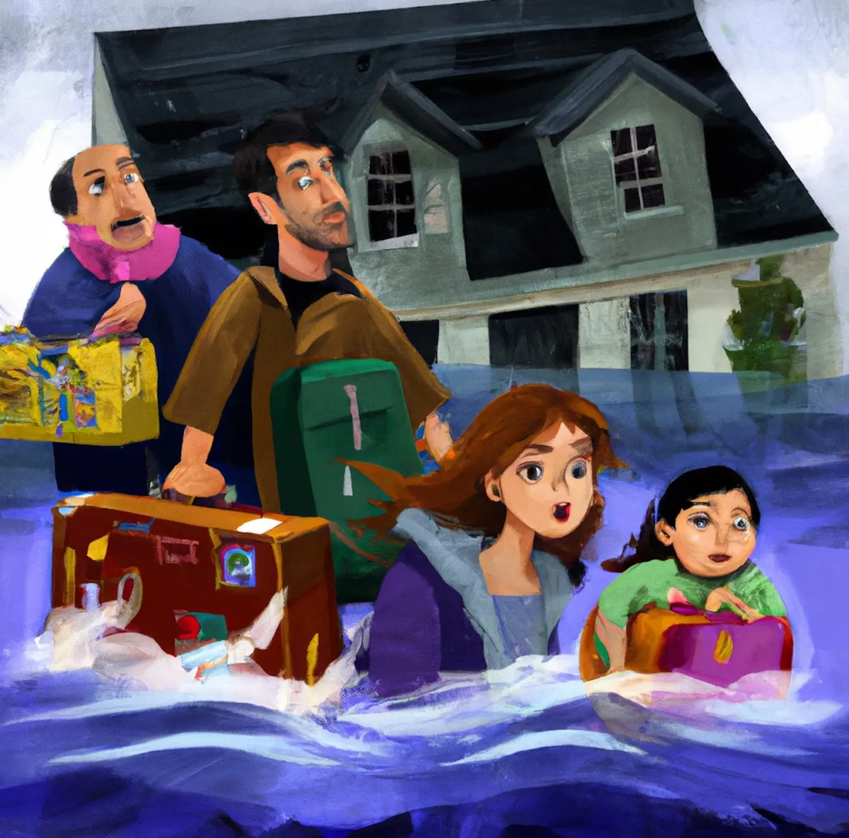 Family evacuating due to floods.