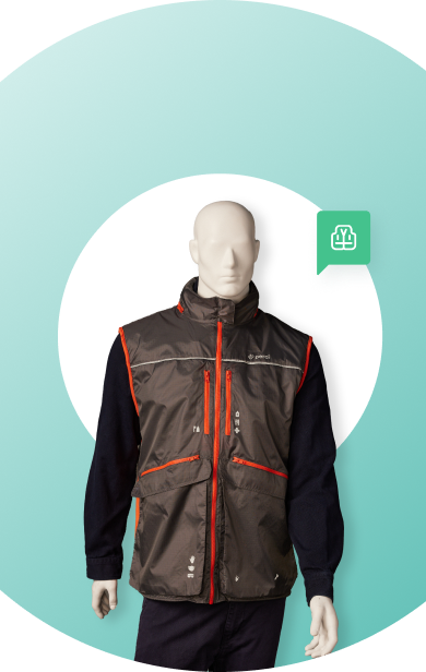 Perci Vest on a rotating mannequin in the center surrounded by four images of real people evacuating while wearing Perci vest