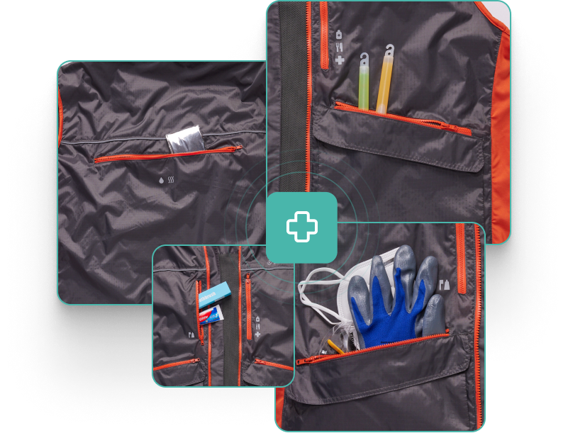 Perci evacuation Vest close-up showing the essential emergency items sticking halfway out of the pockets