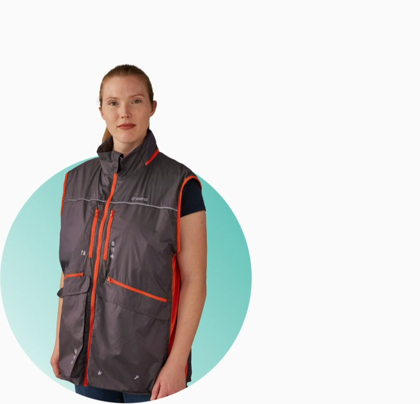 Young woman in Perci vest ready for evacuation from disaster with essential emergency items moving in and out of each pocket 