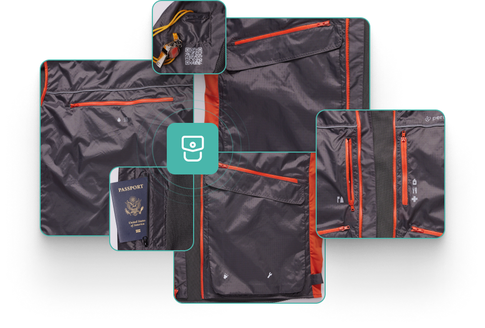 Perci evacuation Vest close-up showing the pockets outside and inside with their orange zippers